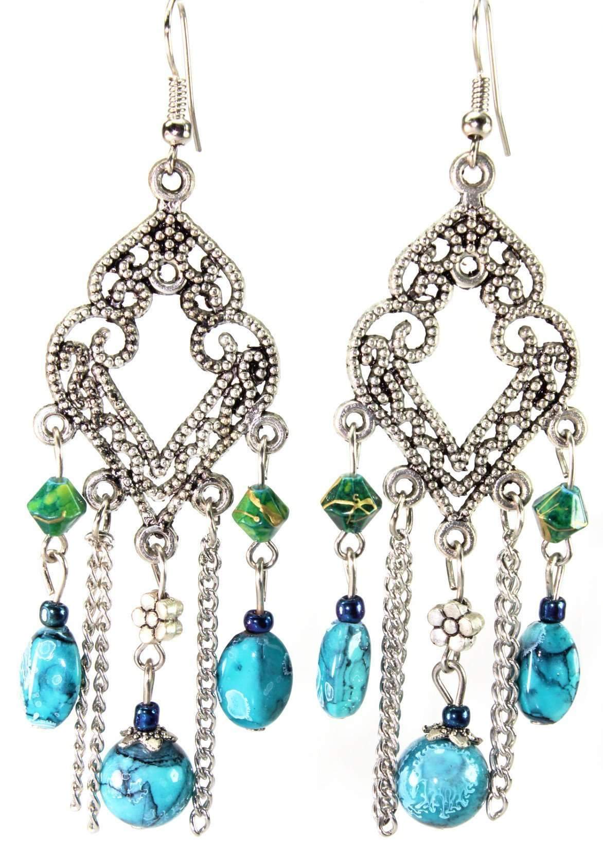 Turquoise Marbled Bead Filigree Boho Chandelier Earrings