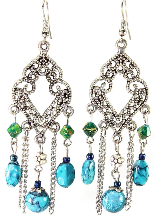 Turquoise Marbled Bead Filigree Boho Chandelier Earrings