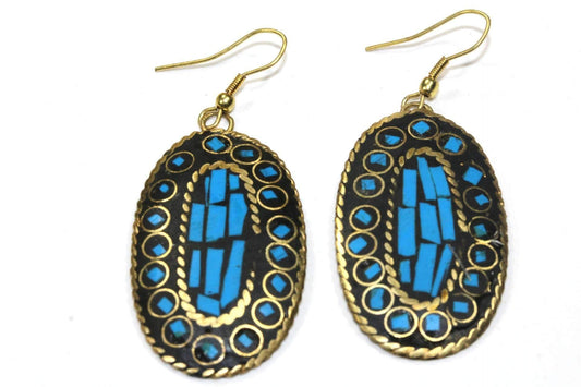 Turquoise Mosaic Oval Earrings Gold Tone Boho Dangle