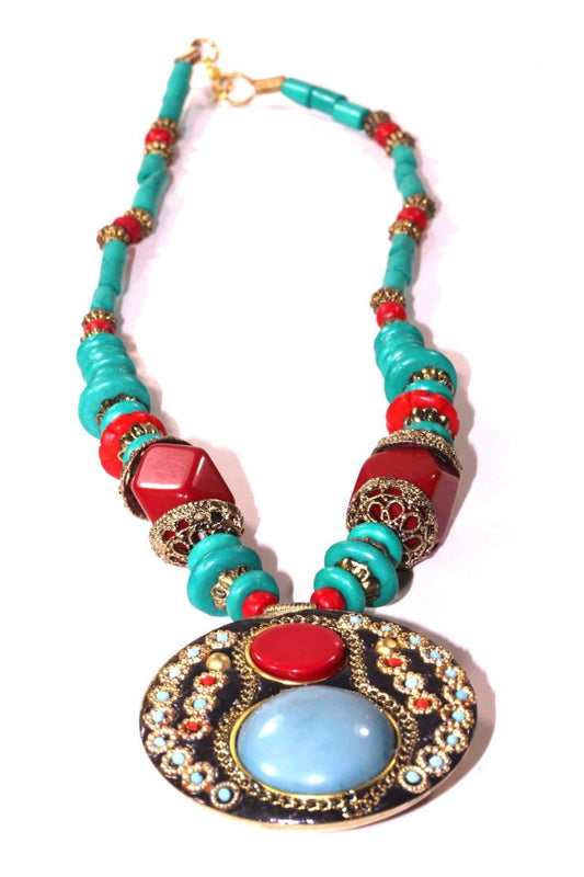 Turquoise Red Coral Medallion Statement Necklace Boho