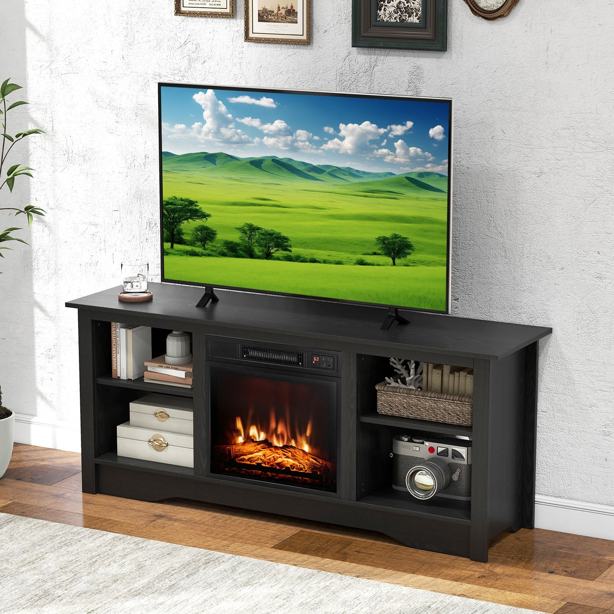 TV Stand for up to 65 Inch Flat Screen TVs with Adjustable Shelves for 18 Inch Electric Fireplace (Not Included)