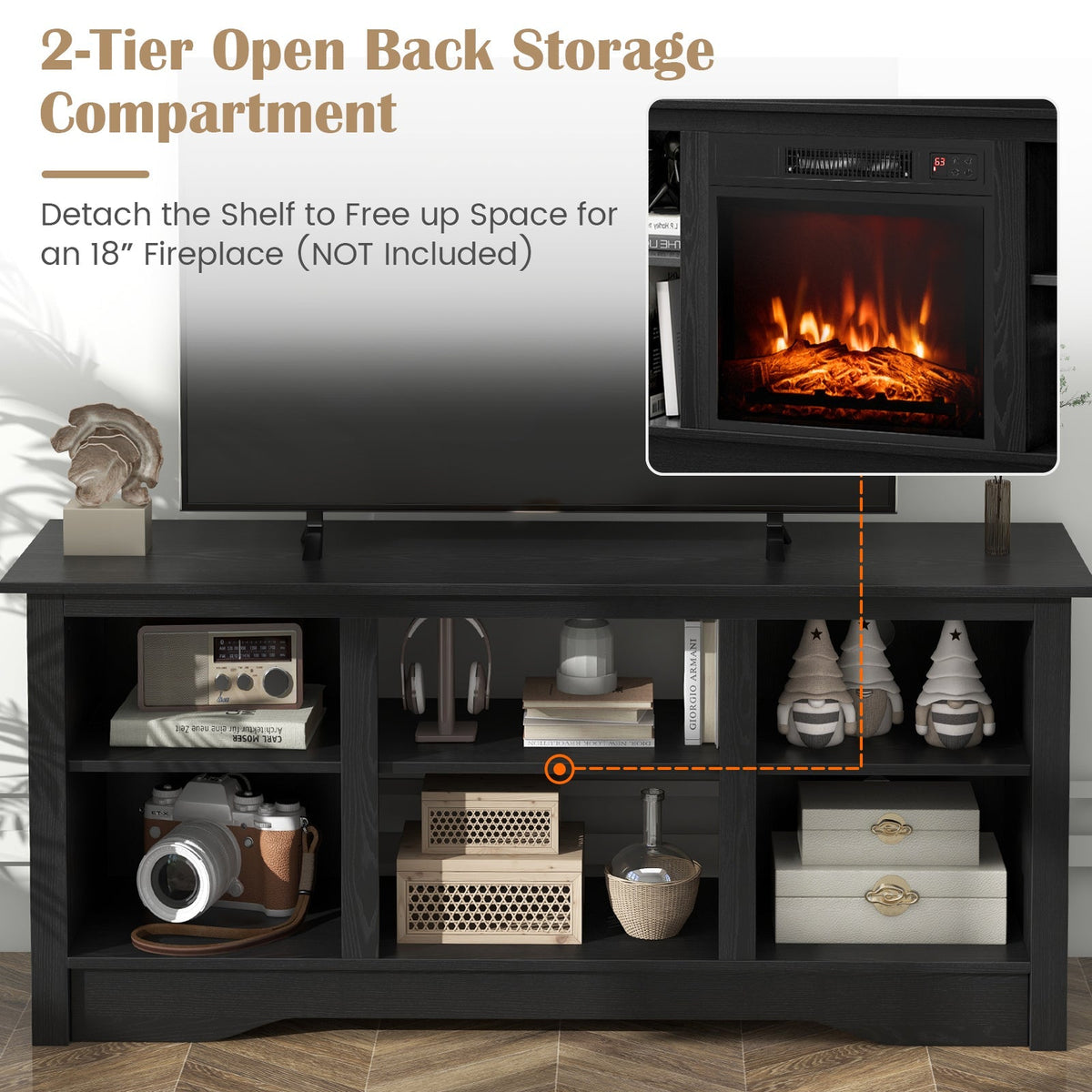 TV Stand for up to 65 Inch Flat Screen TVs with Adjustable Shelves for 18 Inch Electric Fireplace (Not Included)