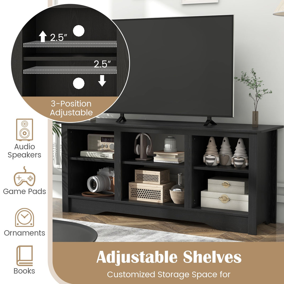 TV Stand for up to 65 Inch Flat Screen TVs with Adjustable Shelves for 18 Inch Electric Fireplace (Not Included)
