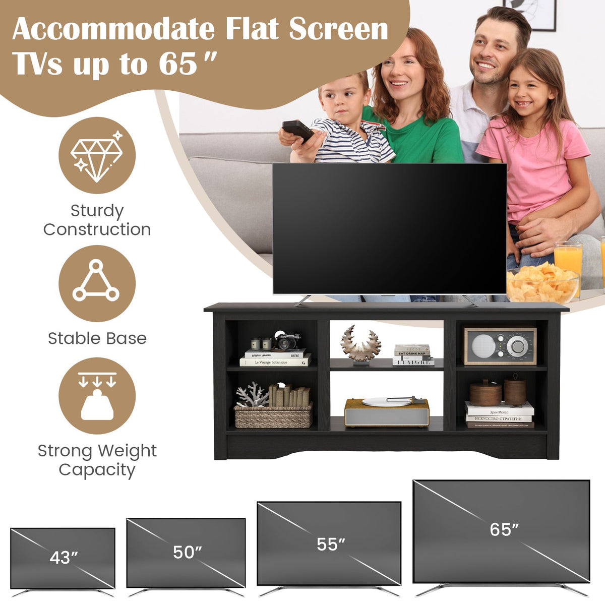 TV Stand for up to 65 Inch Flat Screen TVs with Adjustable Shelves for 18 Inch Electric Fireplace (Not Included)