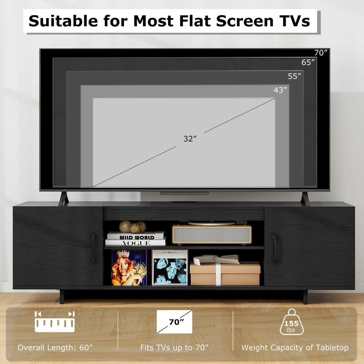 TV Stand with Power Outlet and 2 Cable Holes for 65 Inch TVs