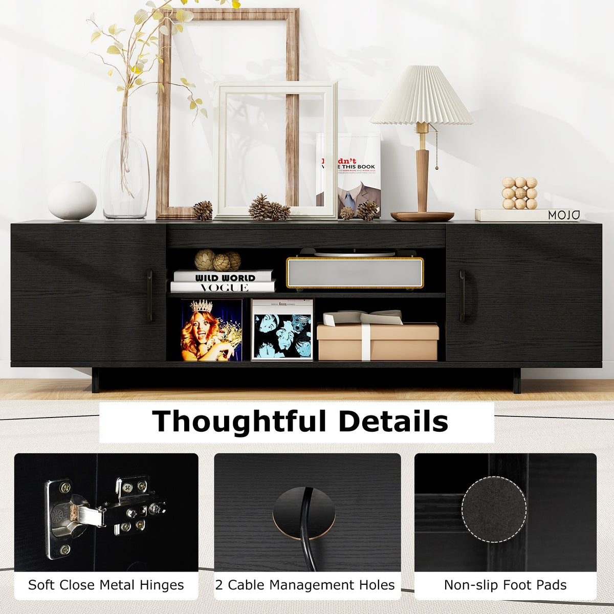 TV Stand with Power Outlet and 2 Cable Holes for 65 Inch TVs
