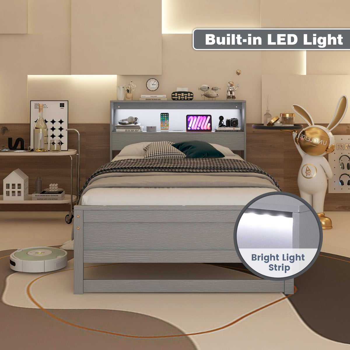 Twin Size Bed Frame with Storage Headboard and Charging Station