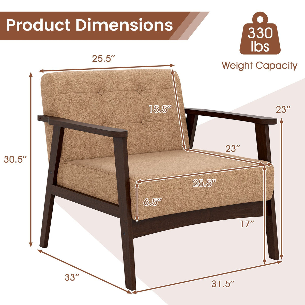 Rubber Wood Frame Accent Chair with Armrest for Living Room