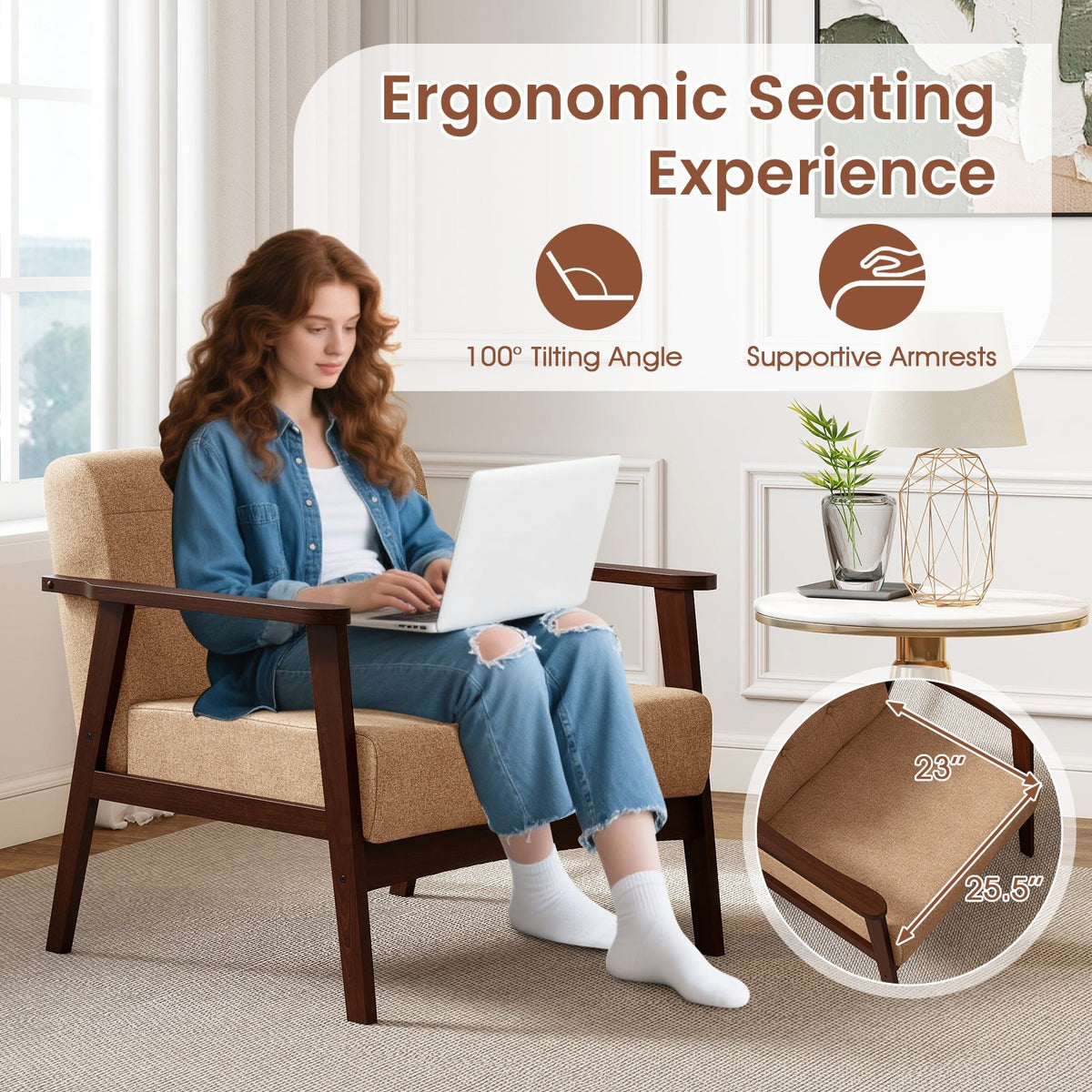 Rubber Wood Frame Accent Chair with Armrest for Living Room