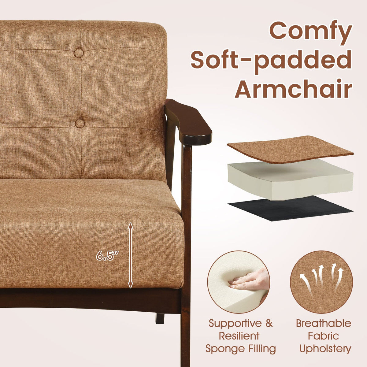 Rubber Wood Frame Accent Chair with Armrest for Living Room