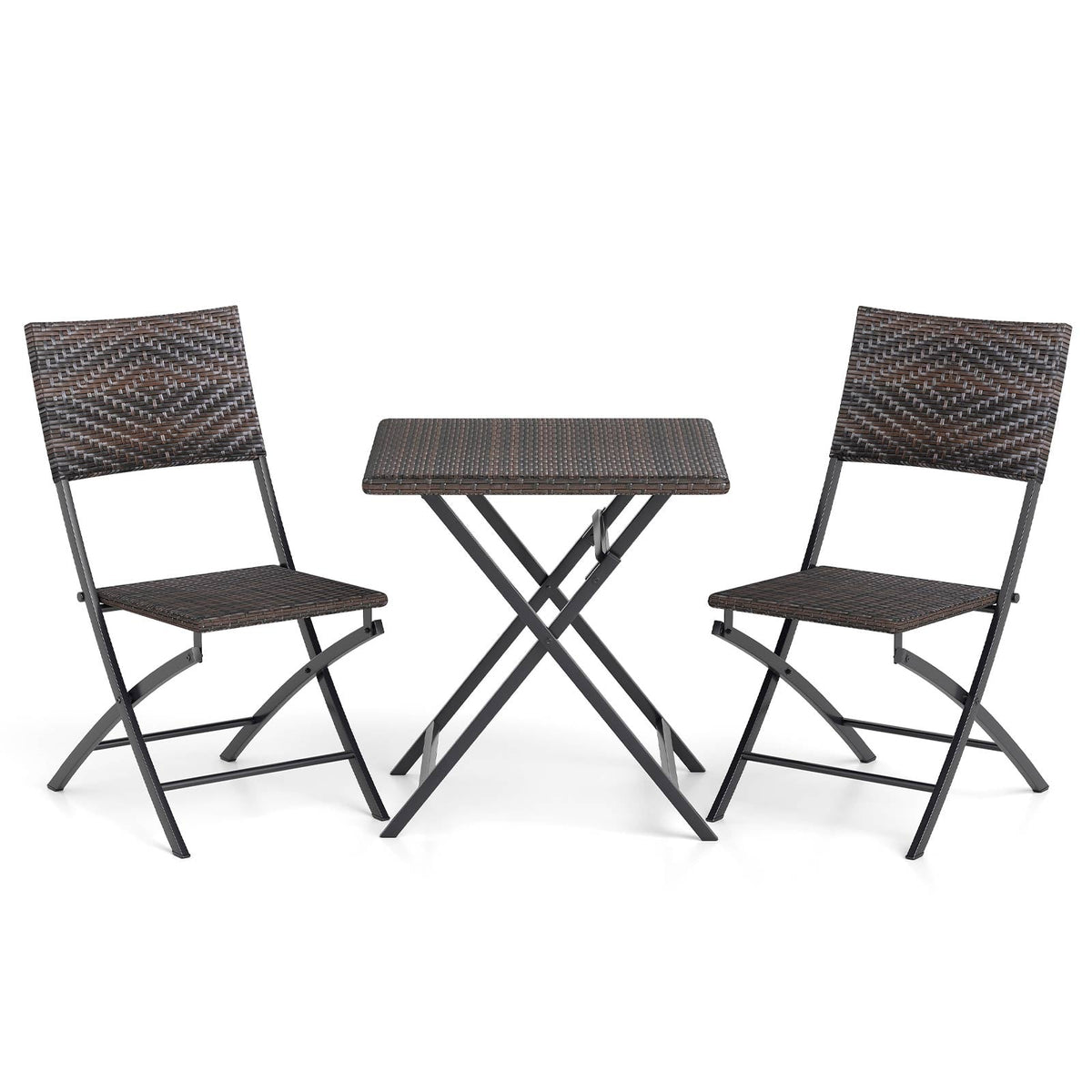 3 Piece Rattan Bistro Set Outdoor Folding Dining Table and Chairs with Wicker Seat