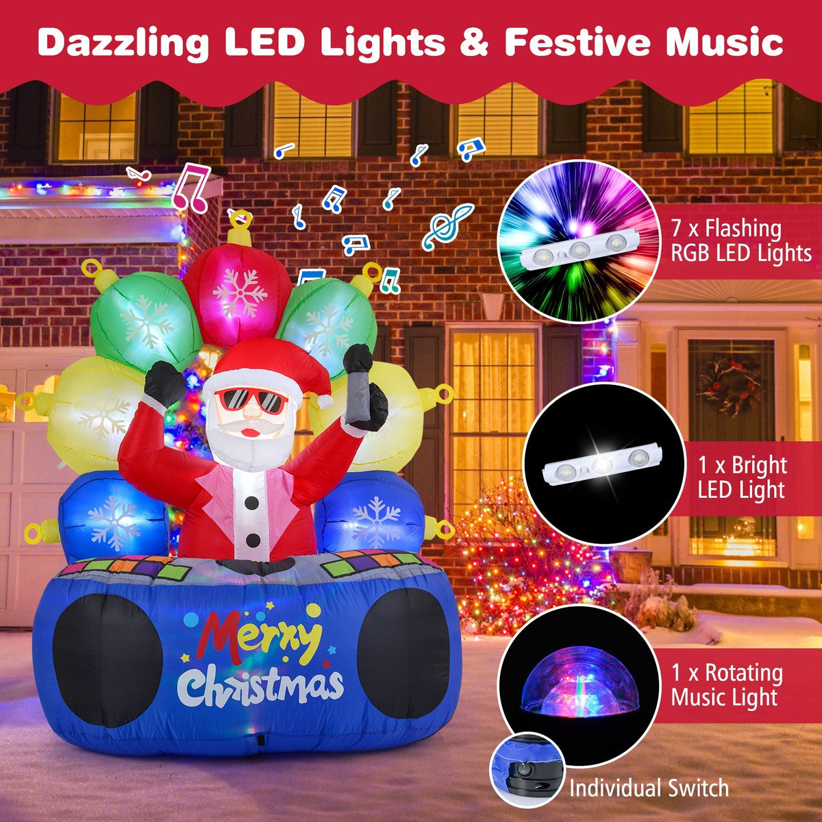 6 Feet Inflatable DJ Santa with Rotating Music Light and Flashing LEDs
