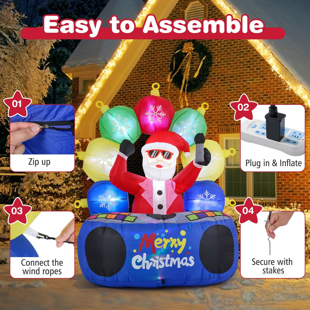 6 Feet Inflatable DJ Santa with Rotating Music Light and Flashing LEDs