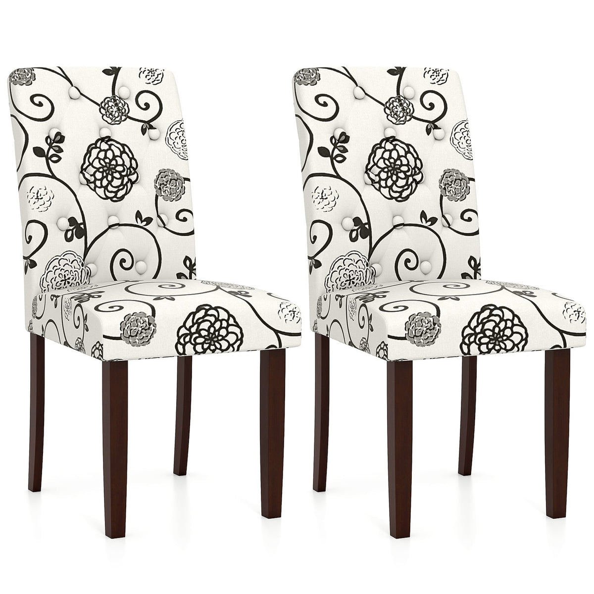 Button Tufted Fabric Upholstered Wooden Dining Chair Set of 2 with High Curved Back