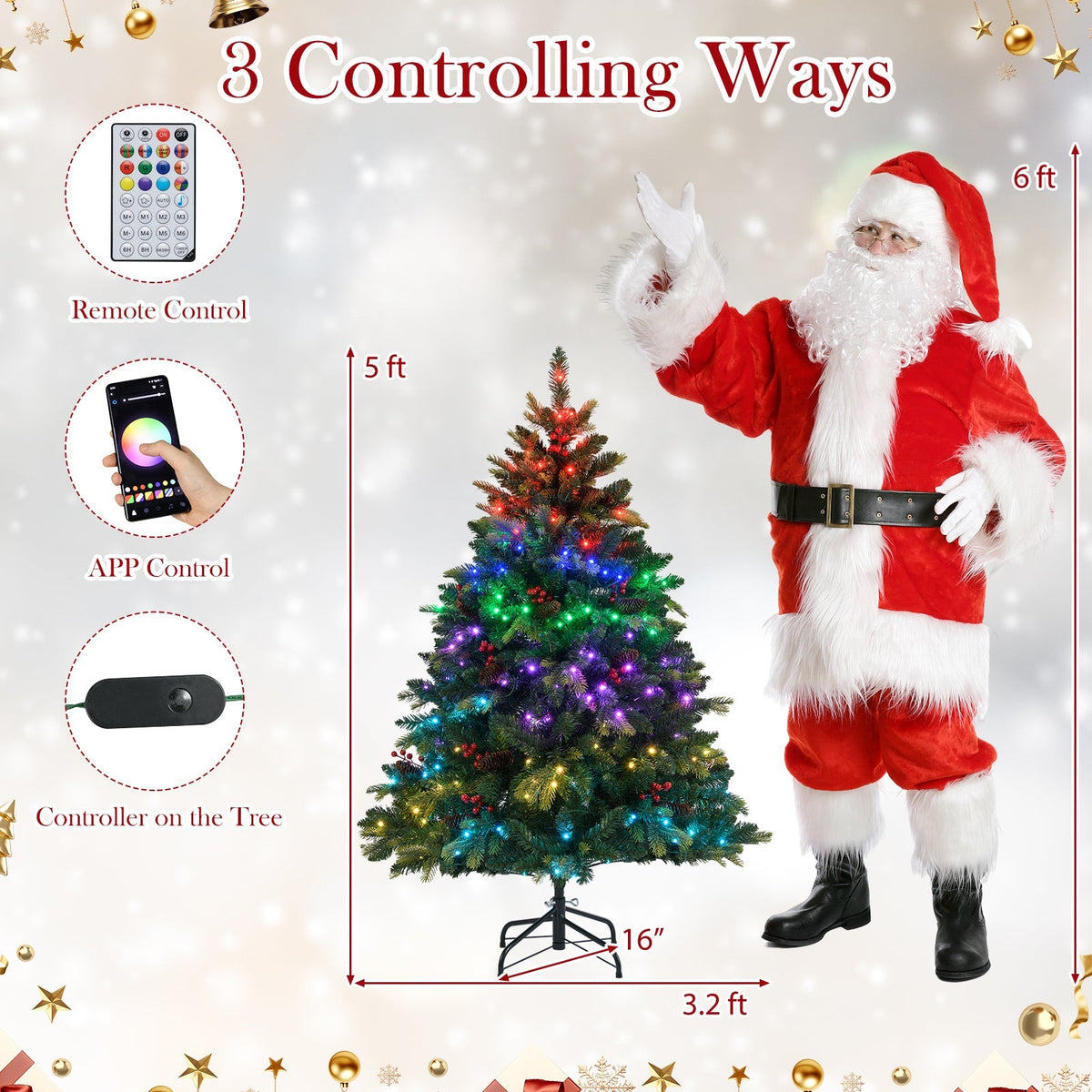 5/6/7/8 FT Artificial Christmas Tree with LED Lights and Remote APP Control