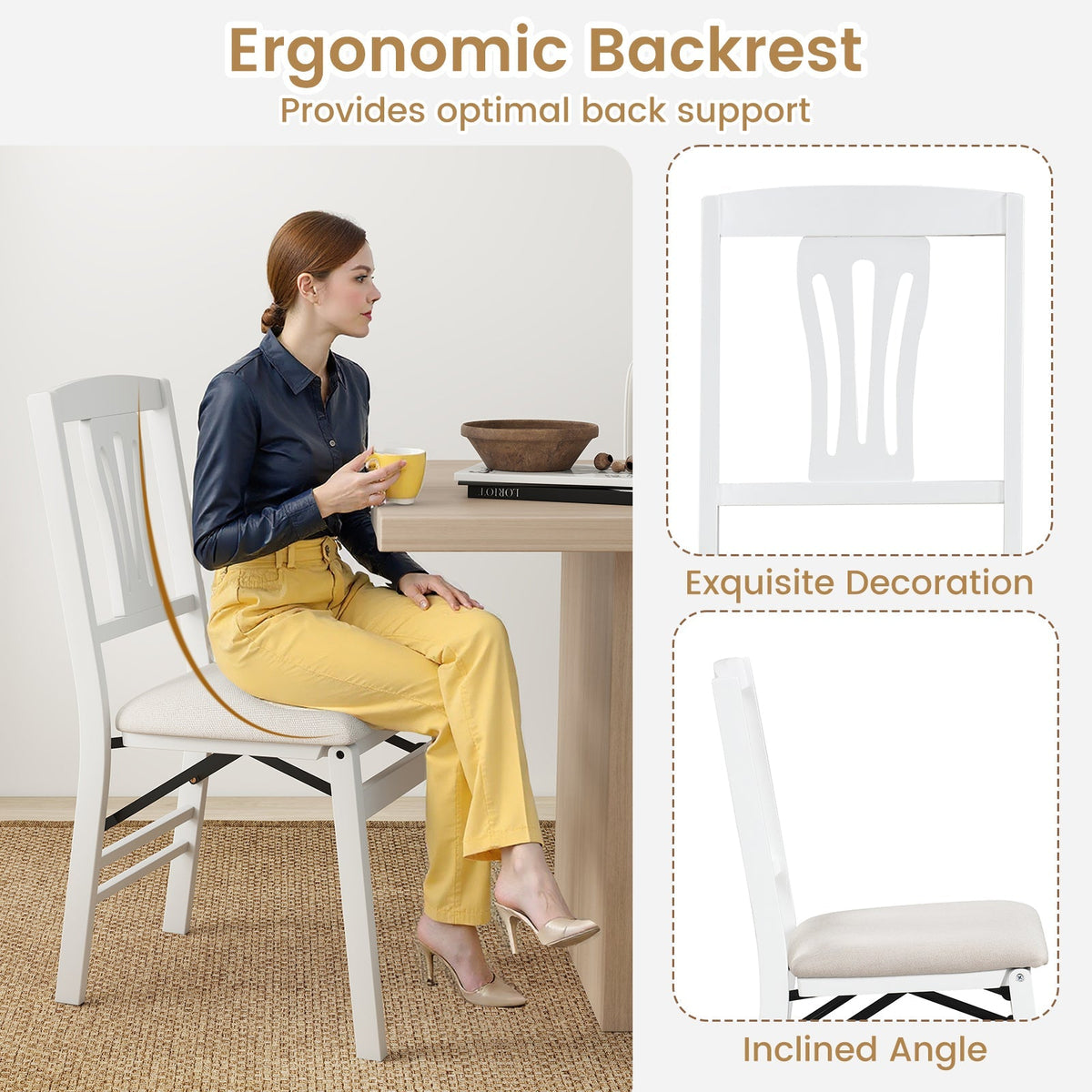 Folding Kitchen Chairs Set of 4 Upholstered Dining Chairs with Comfy Padded Seats-White