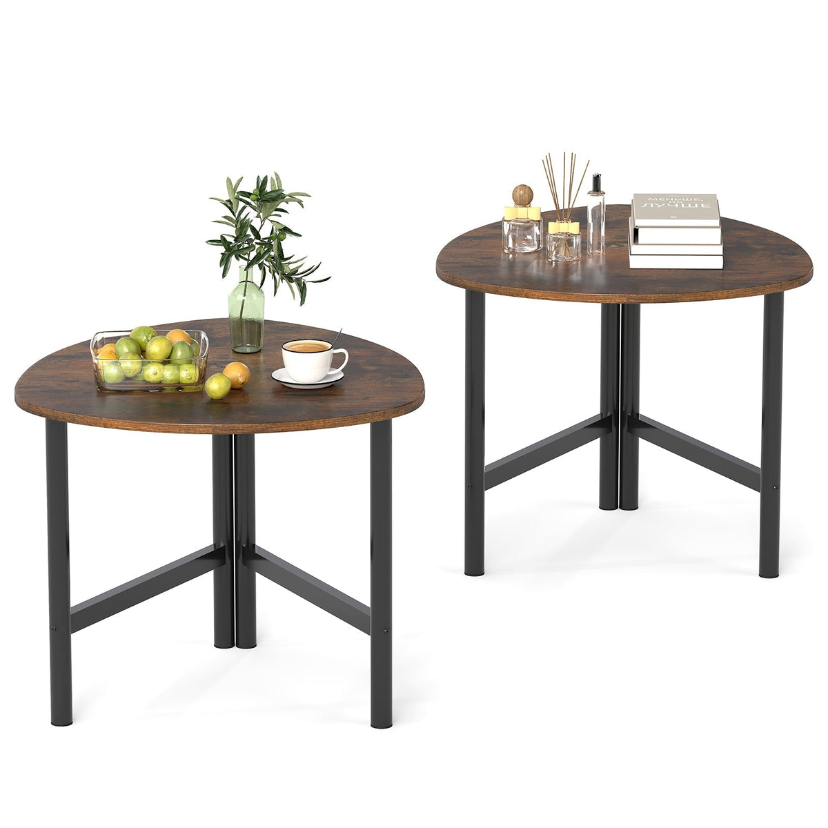 Set of 2 Triangle Coffee Table Oval with Metal Legs
