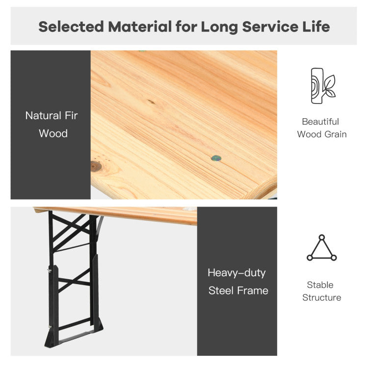3-Piece Patio Picnic Table Set: Adjustable Wooden Picnic Table + Umbrella + Umbrella Base