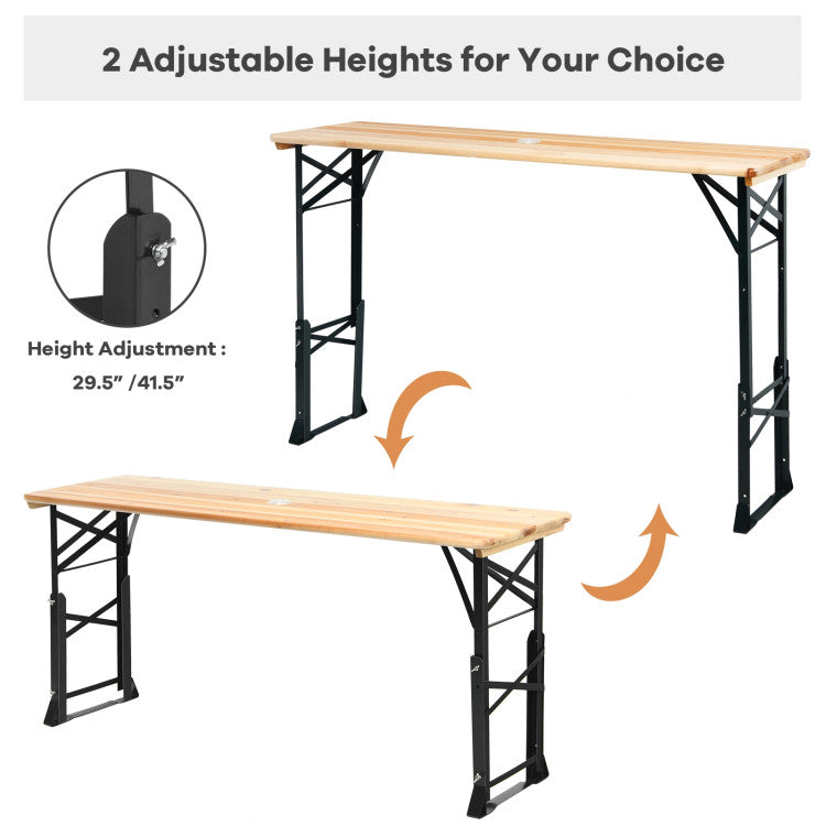 3-Piece Patio Picnic Table Set: Adjustable Wooden Picnic Table + Umbrella + Umbrella Base