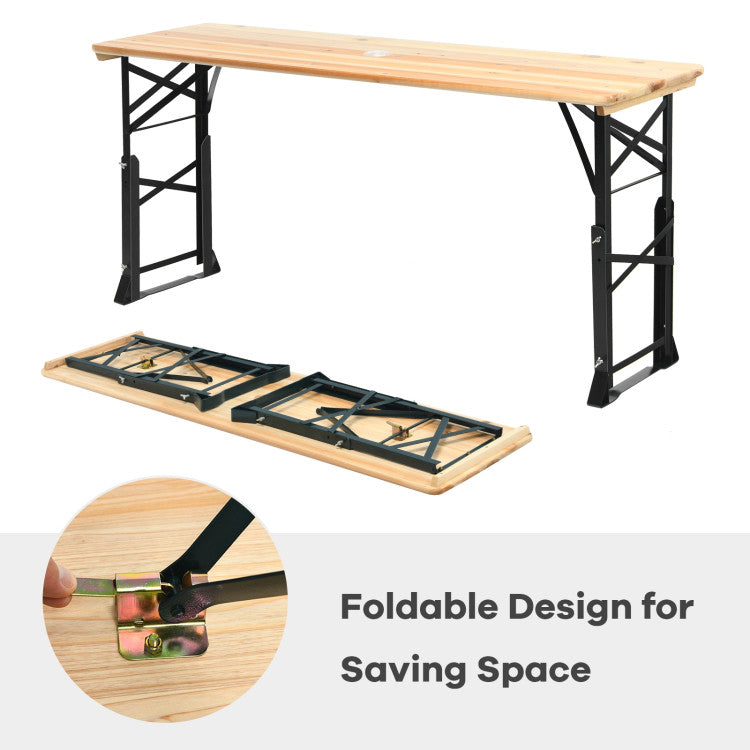 3-Piece Patio Picnic Table Set: Adjustable Wooden Picnic Table + Umbrella + Umbrella Base