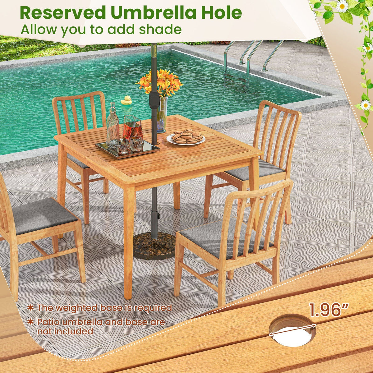 5-Pieces Patio Dining Table Set Wood Square Dining Table with 4 Chairs and Slatted Tabletop