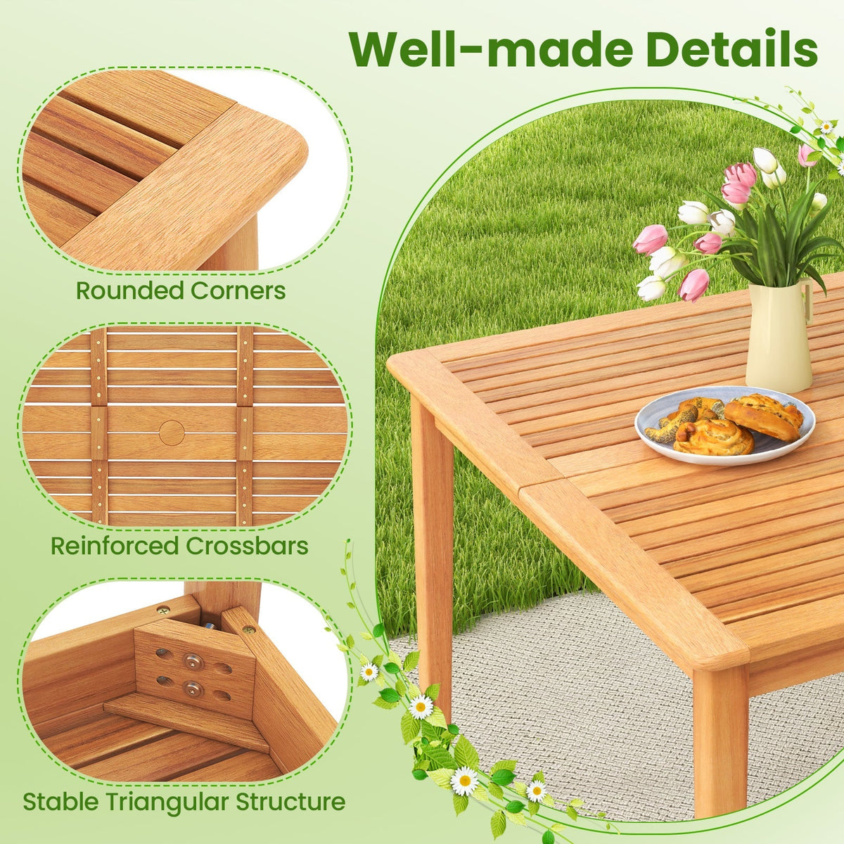 5-Pieces Patio Dining Table Set Wood Square Dining Table with 4 Chairs and Slatted Tabletop