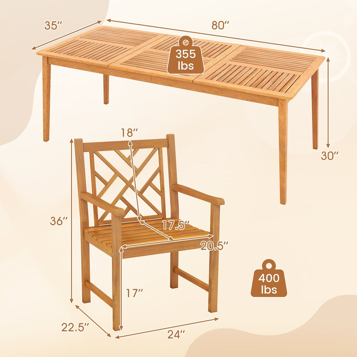 9-Pieces Patio Dining Table Set Wood Rectangular Dining Table with 8 Chairs and Slatted Tabletop