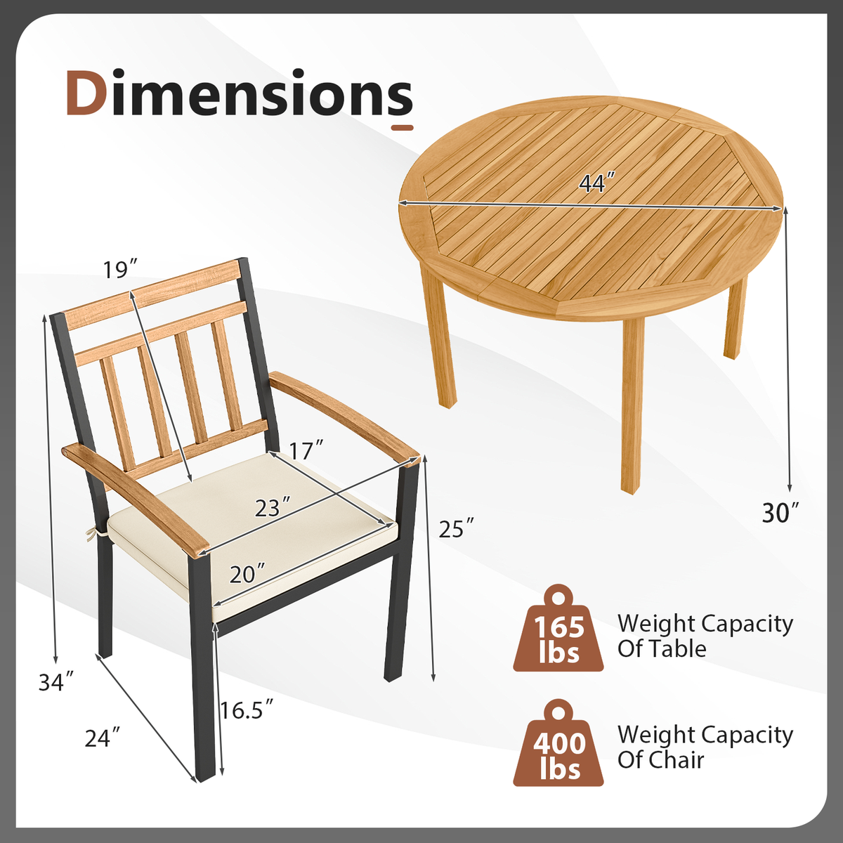 5 Pieces Outdoor Acacia Wood Dining Set Patio Round Table and Metal Chairs with Cushions