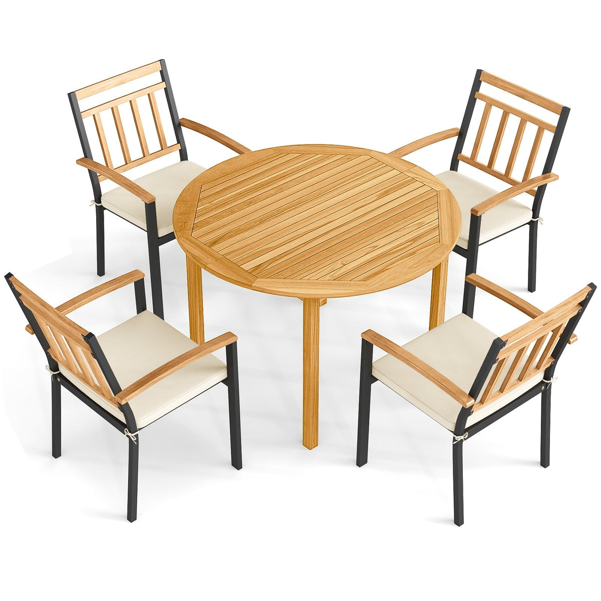 5 Pieces Outdoor Acacia Wood Dining Set Patio Round Table and Metal Chairs with Cushions