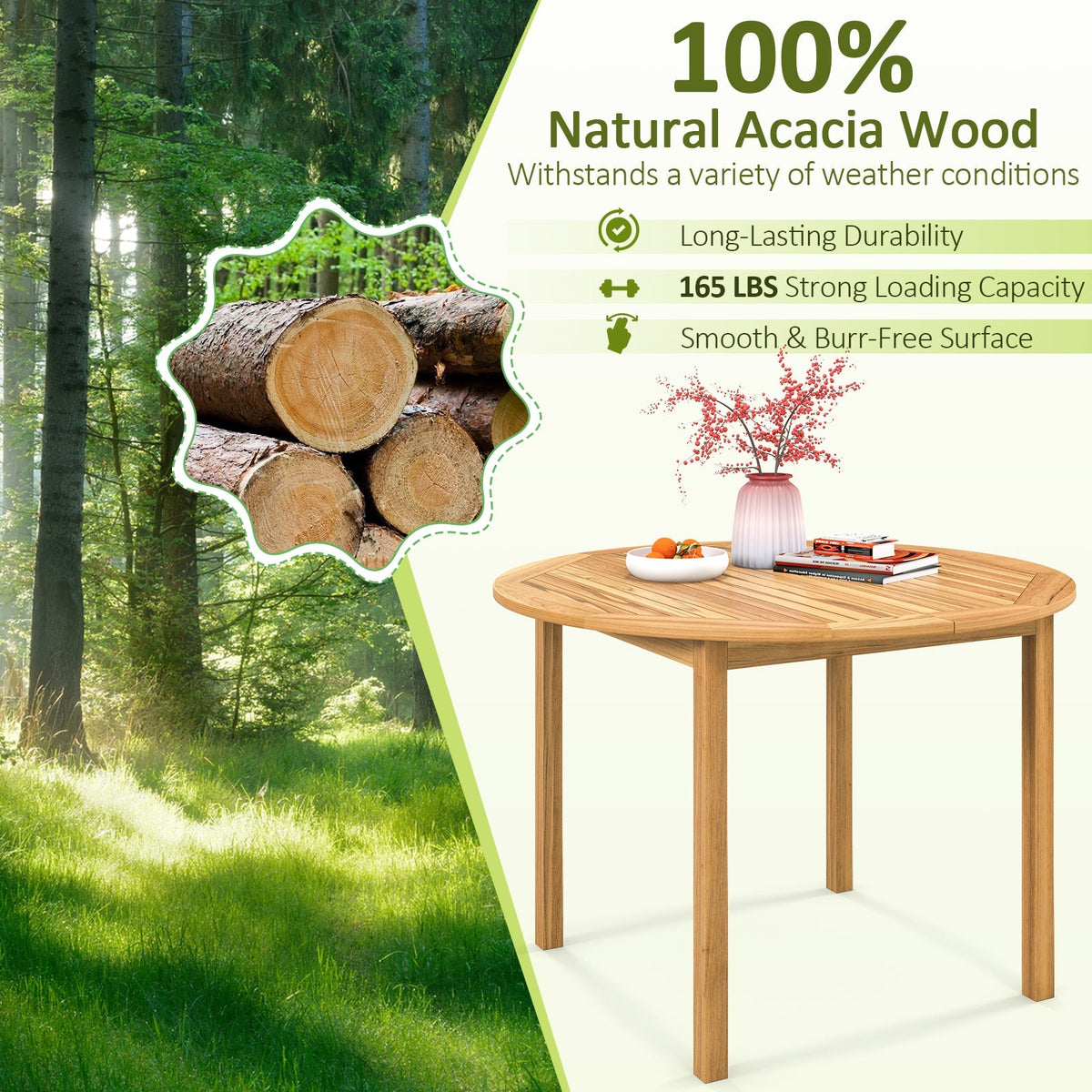 5 Pieces Outdoor Acacia Wood Dining Set Patio Round Table and Metal Chairs with Cushions