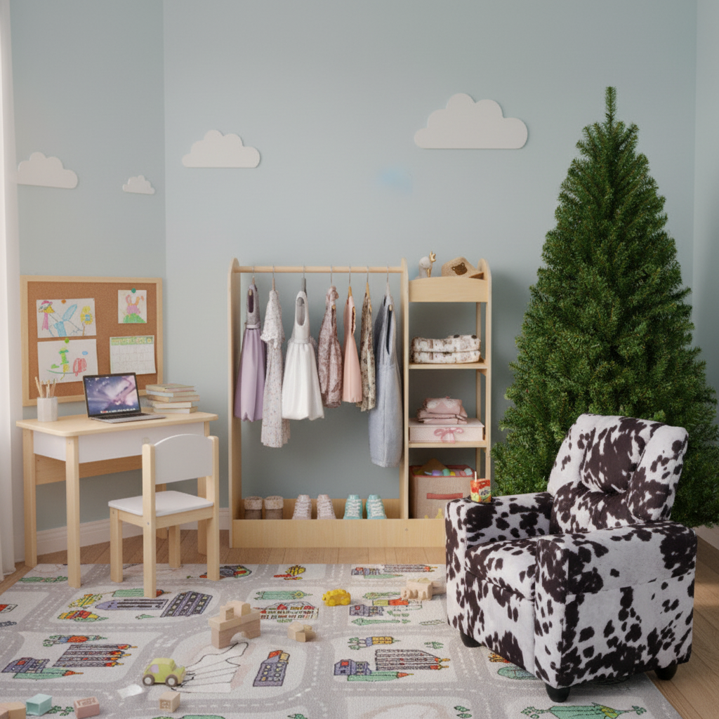 Kids Room Set: Recliner + Natural Study Desk & Chair + 4-ft Christmas Tree + Natural Dress-Up Storage