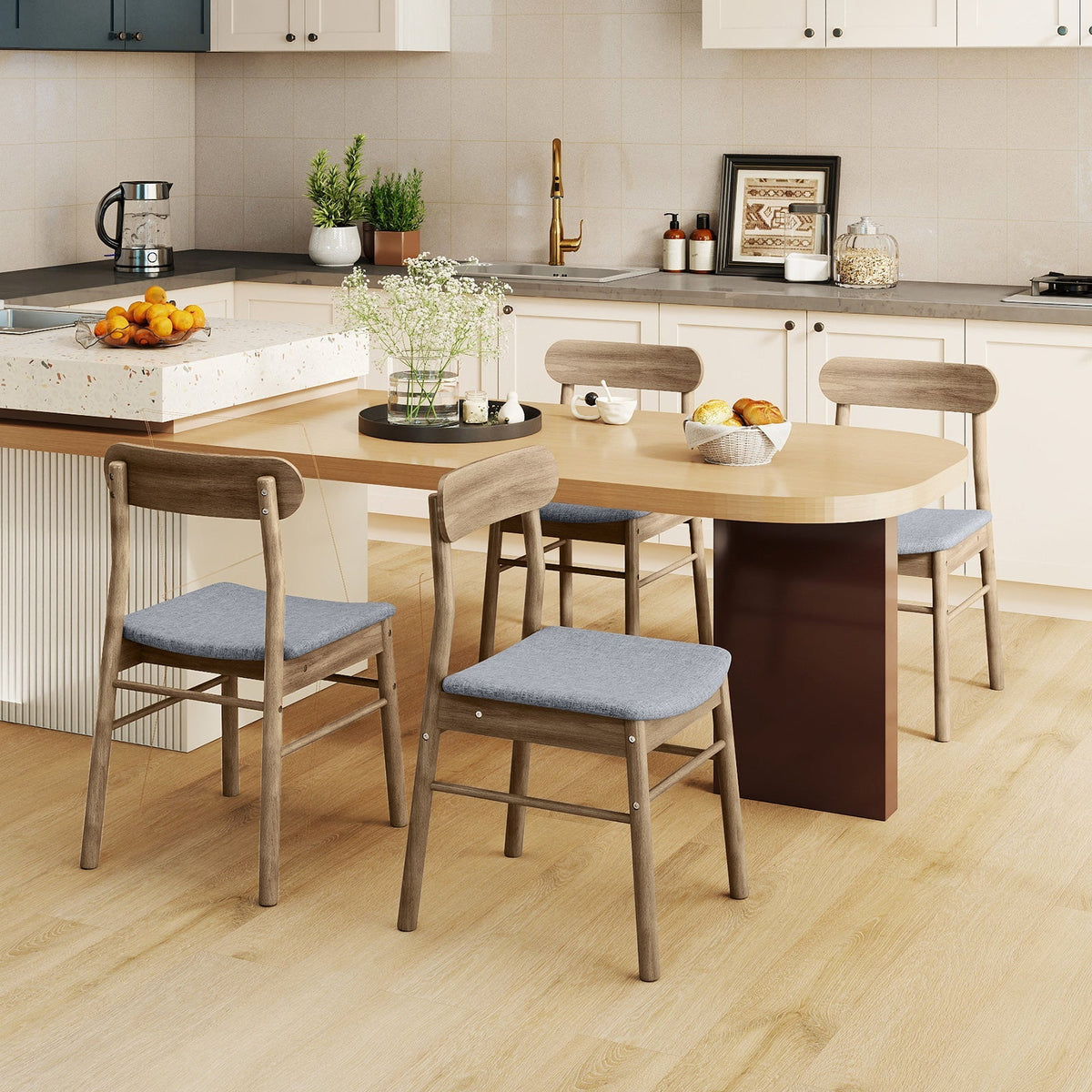 Fabric Upholstered Kitchen Armless Dining Chairs with Rubber Wood Frame Set of 4-Oak