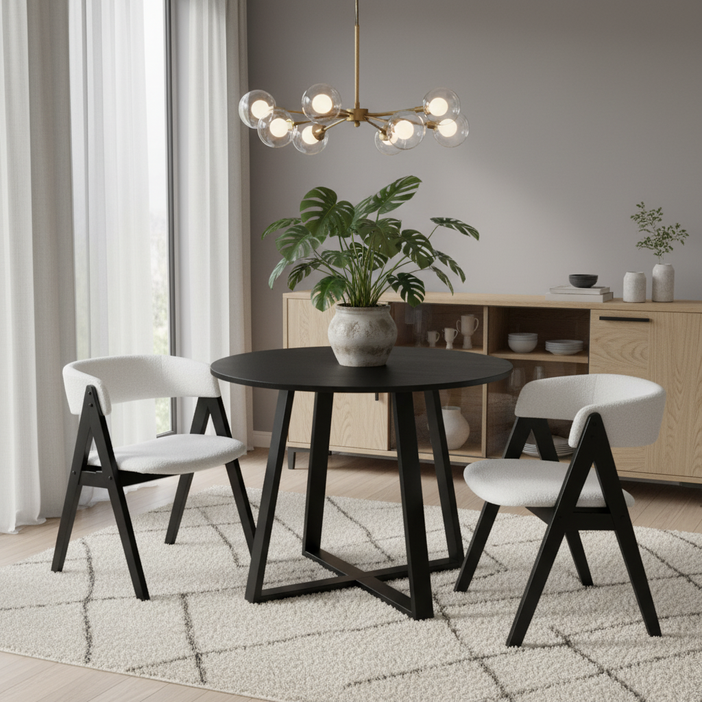 3-Piece Mid-Century Dining Set with 36‚Äù Round Pedestal Table and 2 Sherpa Upholstered Chairs