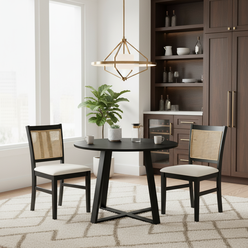 3-Piece Mid-Century Dining Set with 36‚Äù Round Pedestal Table and 2 Farmhouse Rattan Dining Chairs