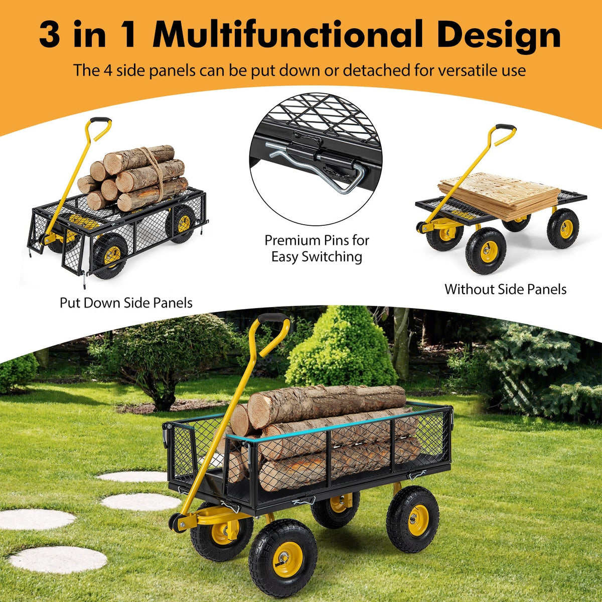 Utility Garden Wagon with 4 Removable Side Panels and 900/1200 LBS Load Capacity