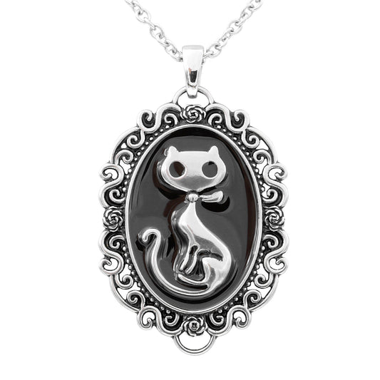 Vintage Black Cat Cameo Necklace Silver Gothic Pendant
