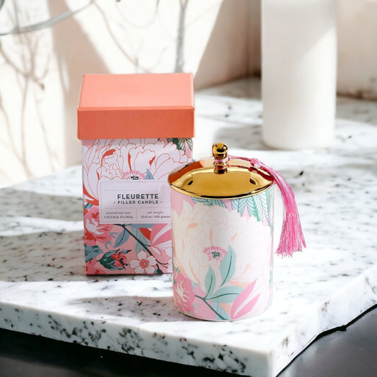 Vintage Floral Scented Soy Candle 10.6oz Porcelain Jar Gold Lid Gift Box
