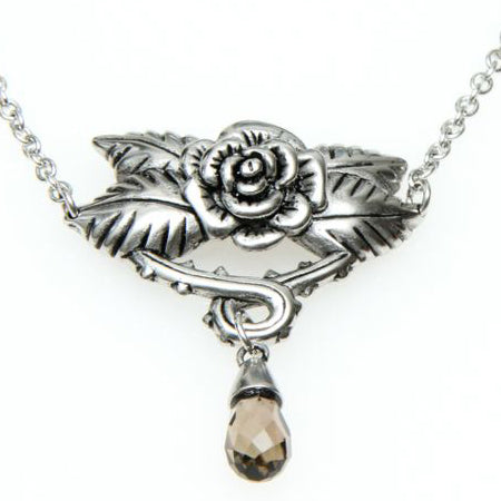 Vintage Silver Rose Pendant Necklace With Crystal Drop