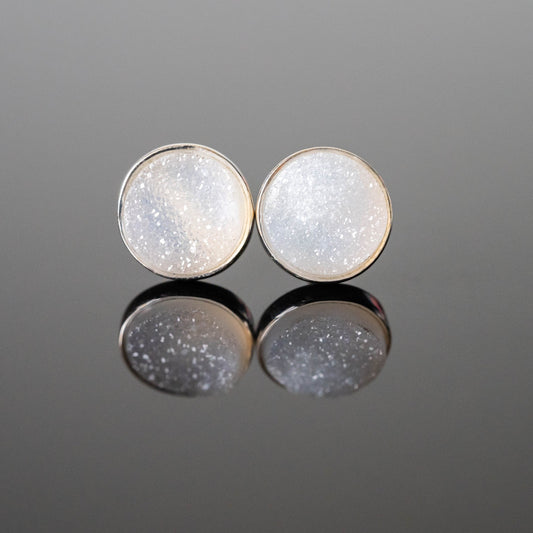 White Druzy Round Stud Earrings Sterling Silver Post