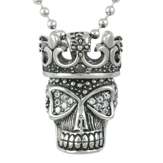 White Fire Skull Pendant Necklace Crown Crystal Gothic