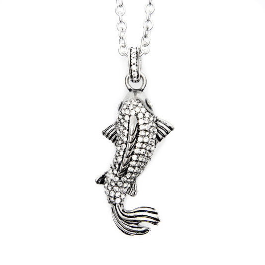White Koi Fish Pendant Necklace Silver Crystal Charm