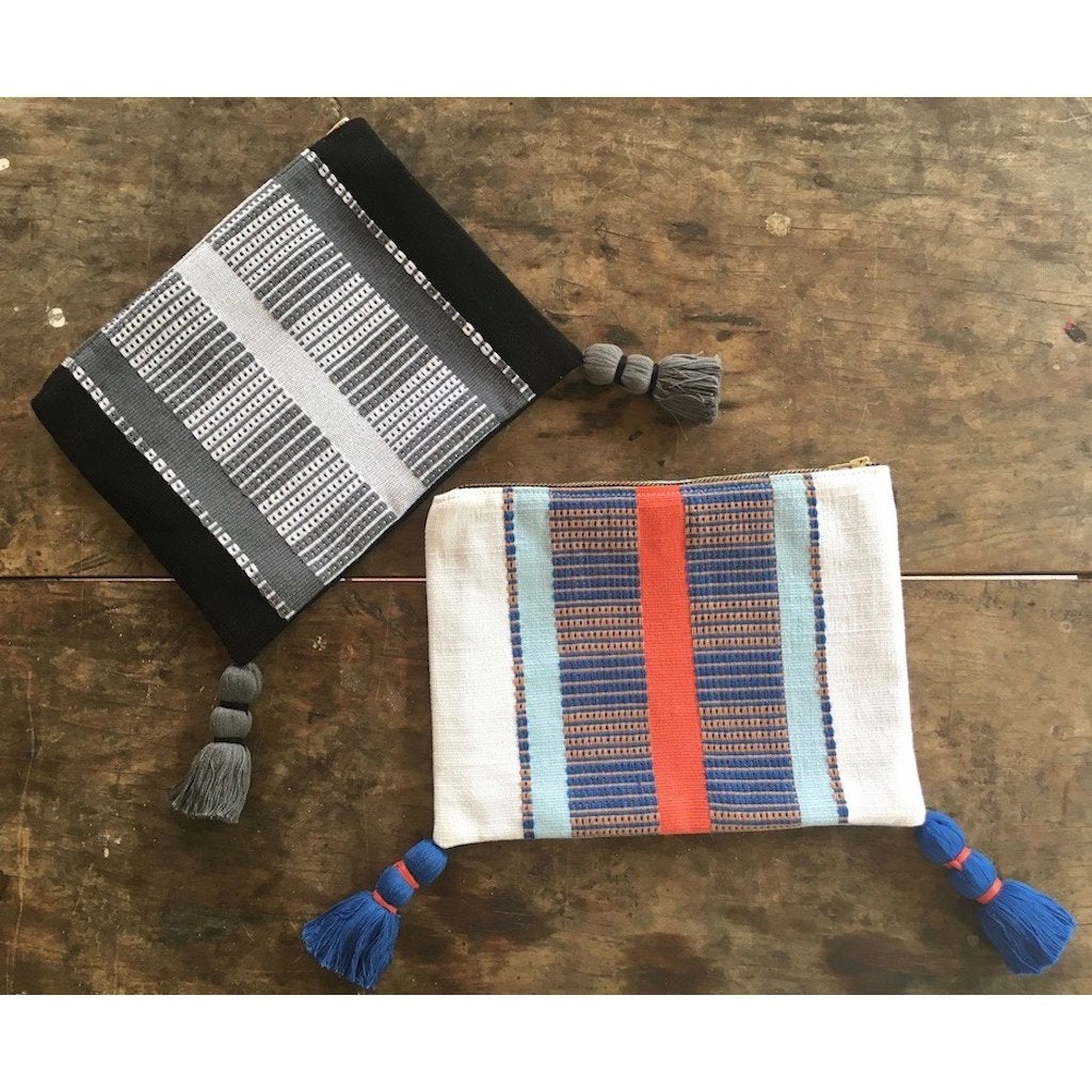 White Striped Handwoven Backstrap Clutch - Guatemalan Artisan Small Boho Purse