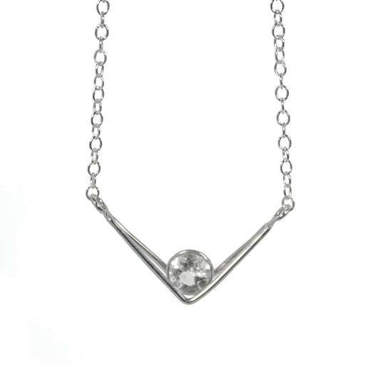 White Topaz Sterling Silver V Pendant Necklace 16 Inch