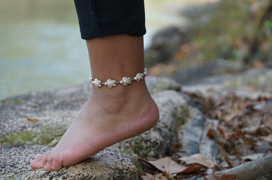 White Turtle Boho Silver Anklet Adjustable Beach Bracelet