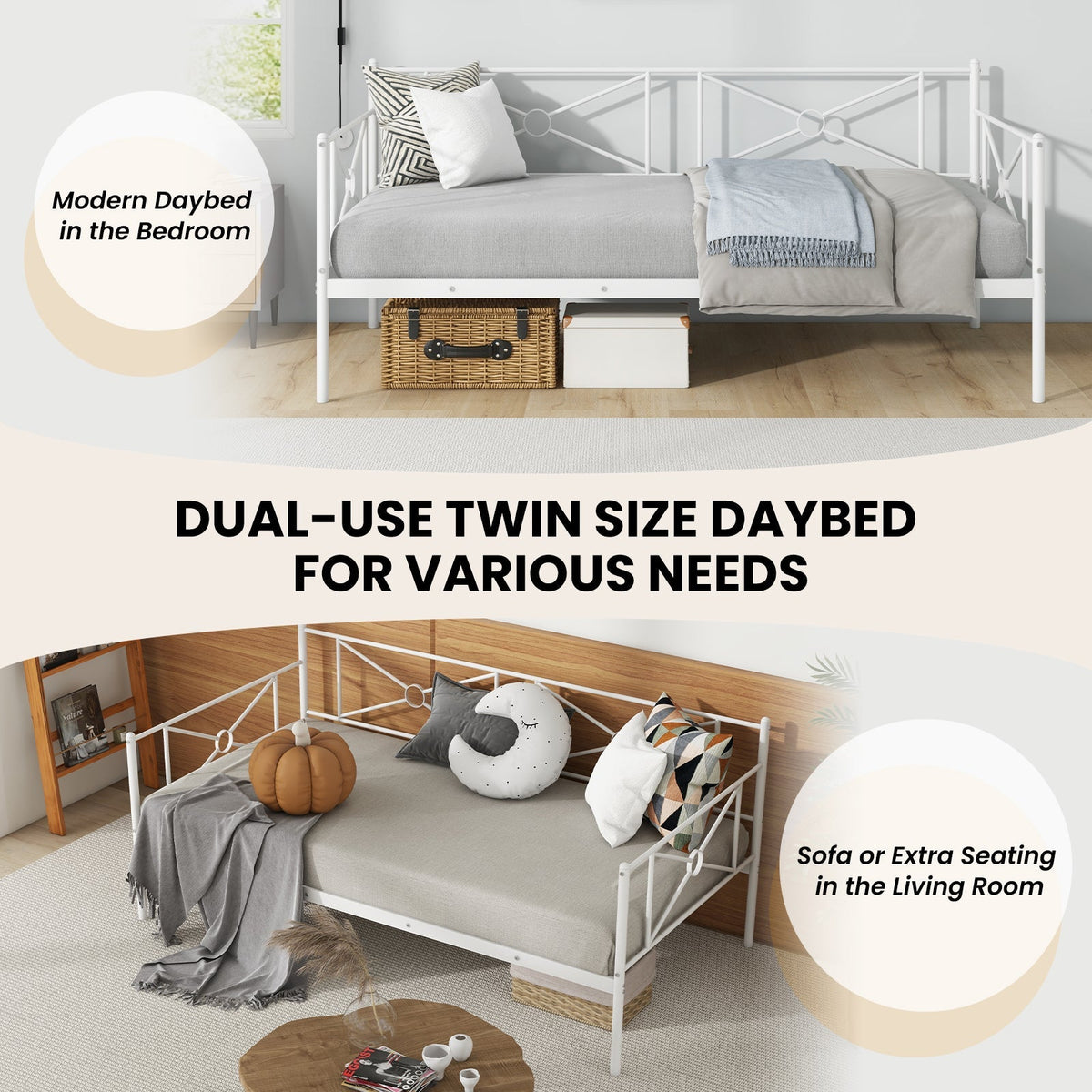 Metal Daybed Twin Bed Frame Stable Steel Slats Sofa Bed