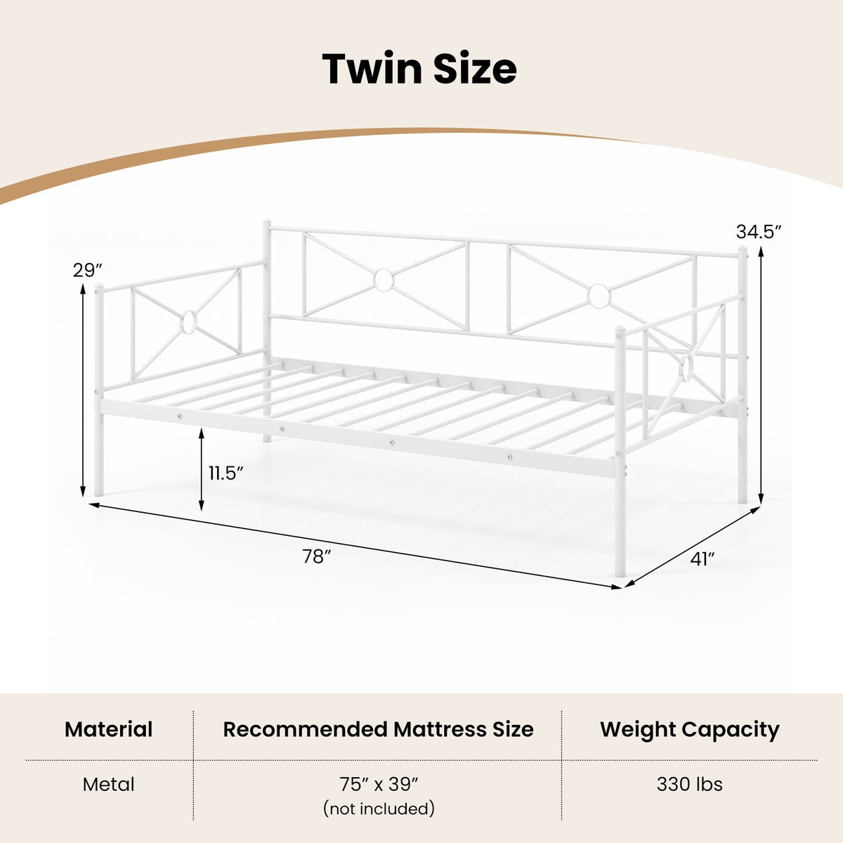 Metal Daybed Twin Bed Frame Stable Steel Slats Sofa Bed