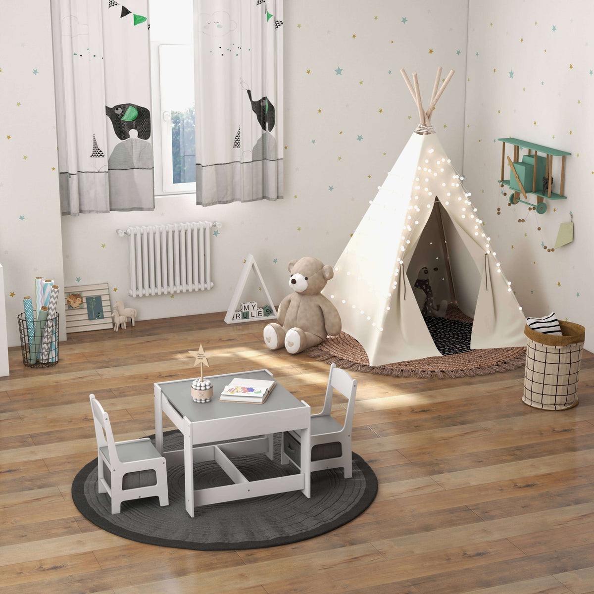 Kids Table Chairs Set With Storage Boxes Blackboard Whiteboard Drawing
