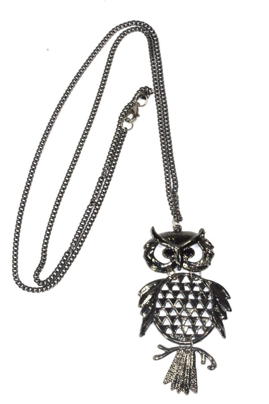 Wide Eyed Owl Pendant Necklace Long Chain Vintage Silver