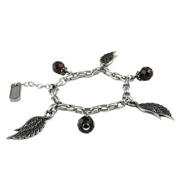 Wing Charm Bracelet Silver Plated With Black Crystal Beads