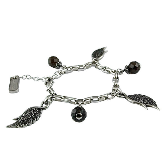 Wing Charm Bracelet Silver Plated With Black Crystal Beads